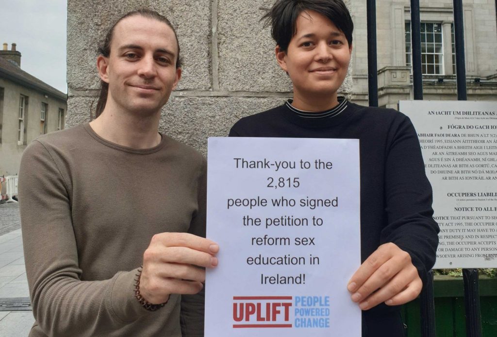 Uplift members Dave and Rachel delivering our petition on sex Education reform to the Department of Education