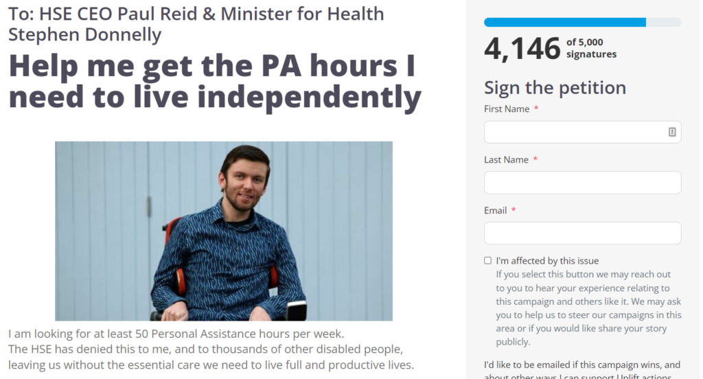 Screenshot of the petition "Help me het the PA hours I need to live independently" 