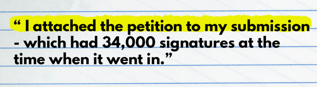 2nd highlighted quote from petition starter taken from the blog
