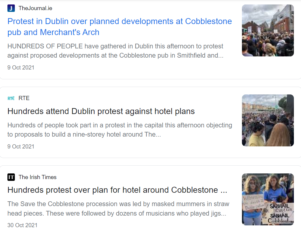 Screenshot of articles about protests to Save The Cobblestone