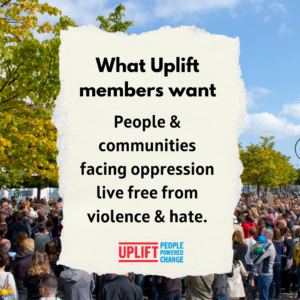 Image with text "What Uplift members want: People & communities facing oppression live free from violence & hate." 