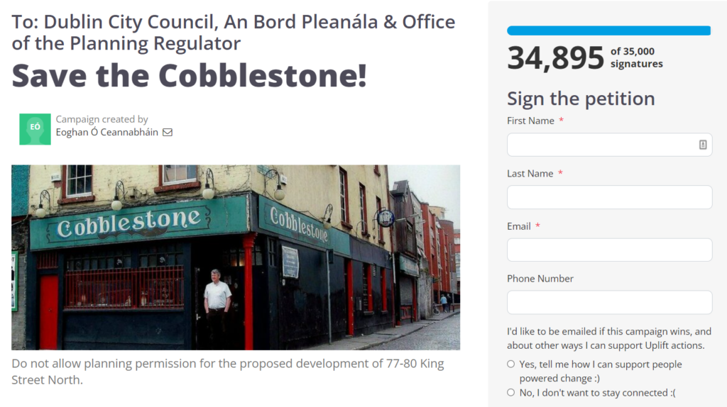 Screenshot of the 'Save The Cobblestone' petition page with a picture of the pub
