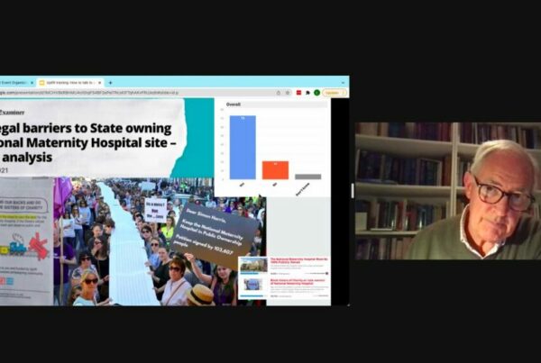 A screenshot of Dr. Peter Boylan beside images of a march, a newspaper ad, news headlines and a graph related to a public and secular National Maternity Hospital