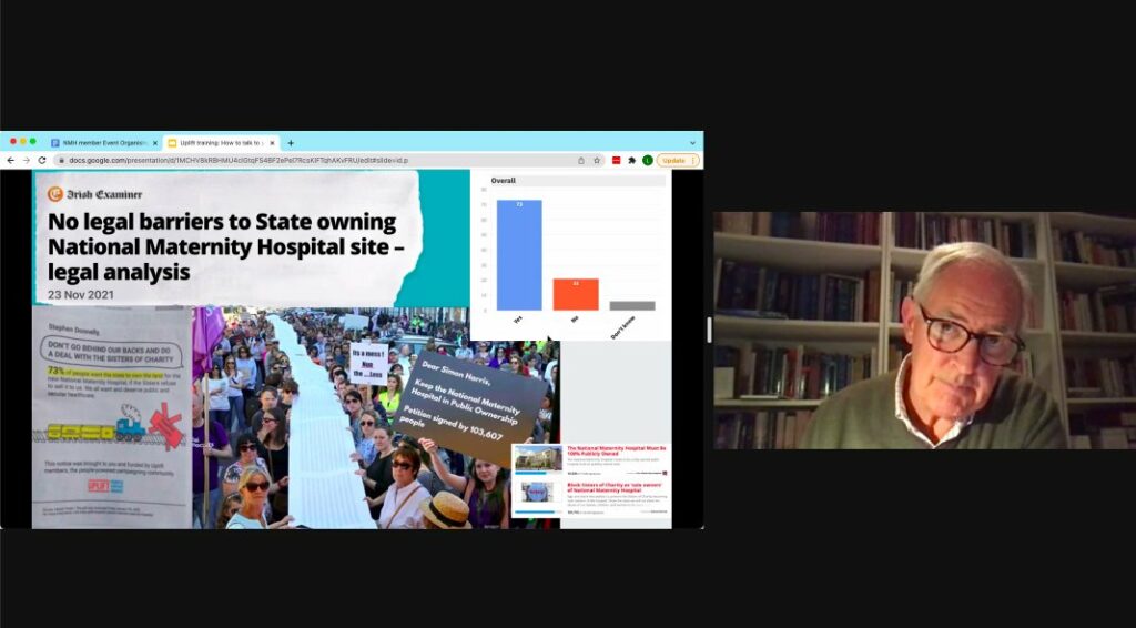 A screenshot of Dr. Peter Boylan beside images of a march, a newspaper ad, news headlines and a graph related to a public and secular National Maternity Hospital