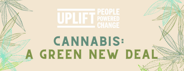 Graphic with cannabis leaves and text that says 'Cannabis: A green new deal