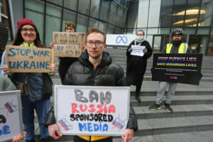 Members of the Ukrainian community in Ireland protest outside Meta Ireland headquarters calling for the removal of all Russian state backed accounts from Facebook and Instagram