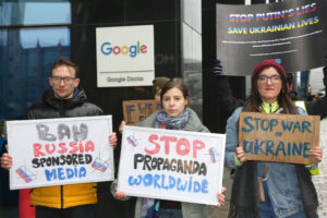 Members of the Ukrainian community in Ireland protest outside Google headquarters calling for the removal of all Russian state backed accounts from Google platforms including YouTube.