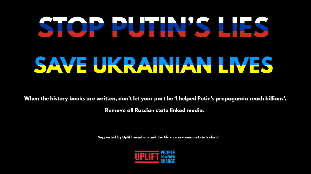 A billboard reading, 'Stop Putin's lies, Save Ukrainian lives.'