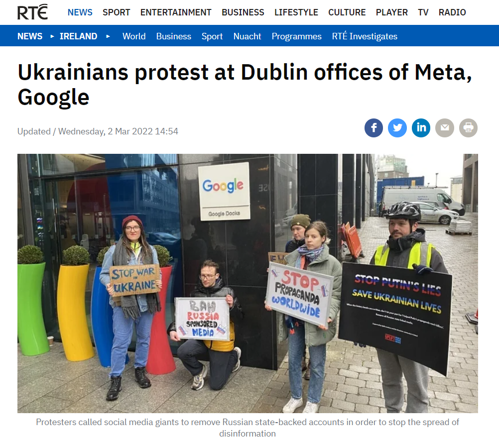Screenshot of an RTÉ article with headline, 'Ukrainians protest at Dublin offices of Meta, Google.'