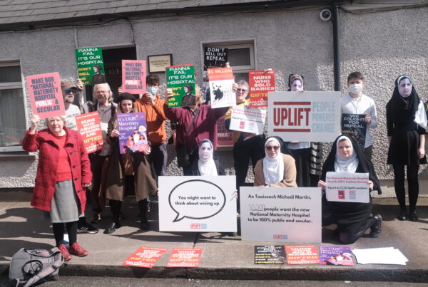 A group of activists dressed as nuns delivering a petition on the National Maternity Hospital