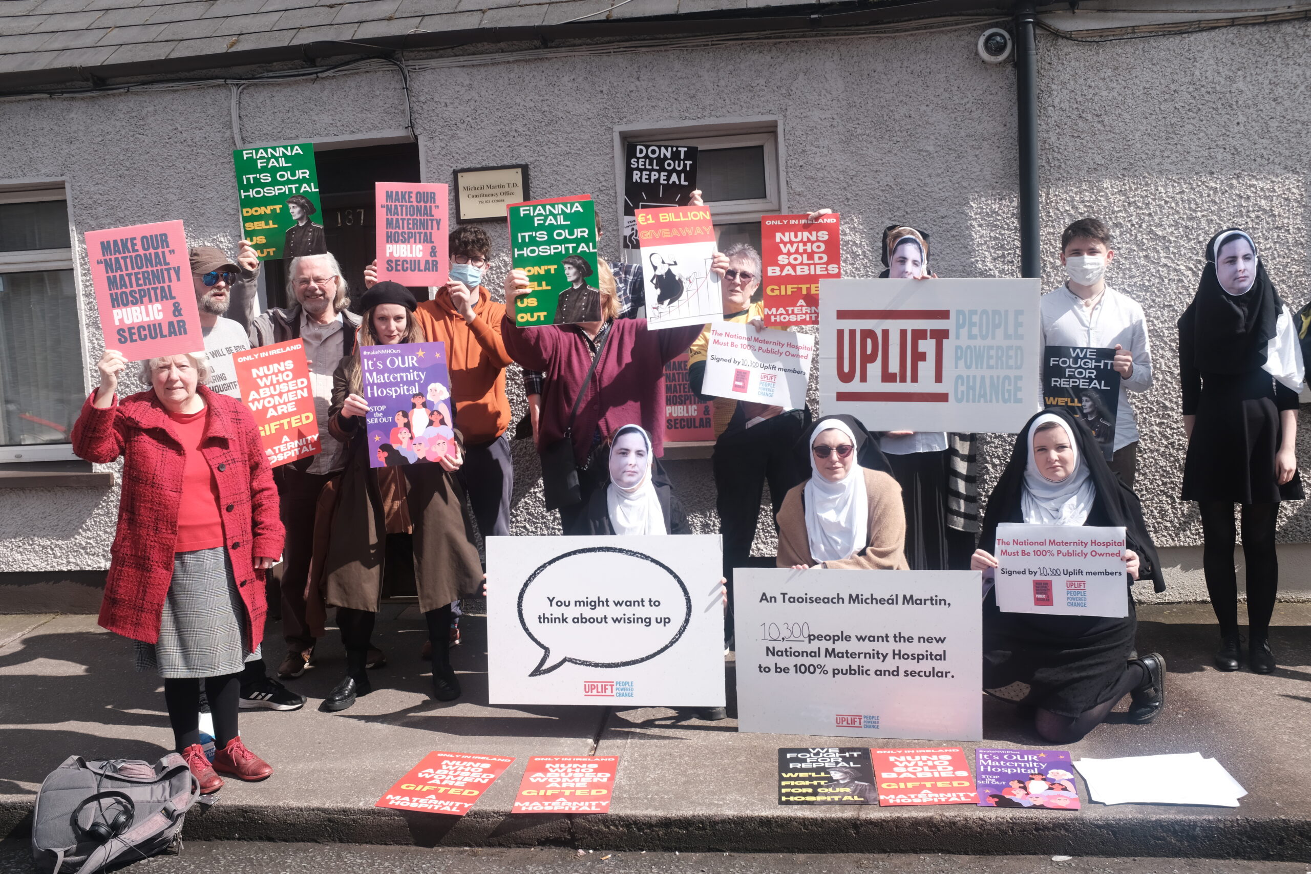 A group of activists dressed as nuns delivering a petition on the National Maternity Hospital