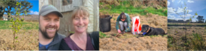 Banner of 4 images - two with trees in the ground, one with Uplift director Siobhan and Matt from Future Trees, and another picture showing a girl and dog planting trees