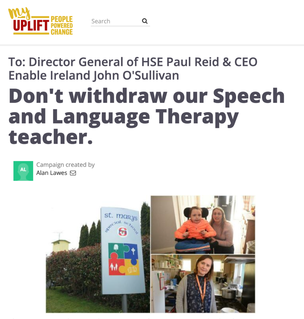 Screenshot of Uplift's petition "Don't withdraw our Speech and Language Therapy teacher."