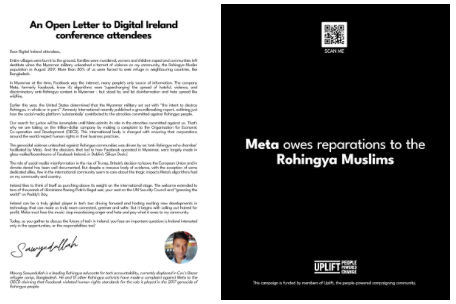 Image of An Open Letter to Digital Ireland conference attendees and Uplift's post with text "Meta owes reparation to the Rohingya Muslims"