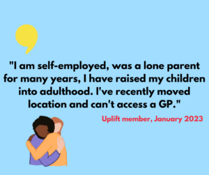 Survey response - image of two people hugging with text: "I am self-employed for many years, I have raised my children into adulthood. I've recently moved location and can't access GP." 