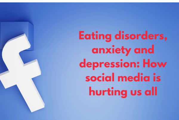 The image shows the Facebook logo on the left with text on the right which reads: "Eating disorders, anxiety and depression: How social media is hurting us all."
